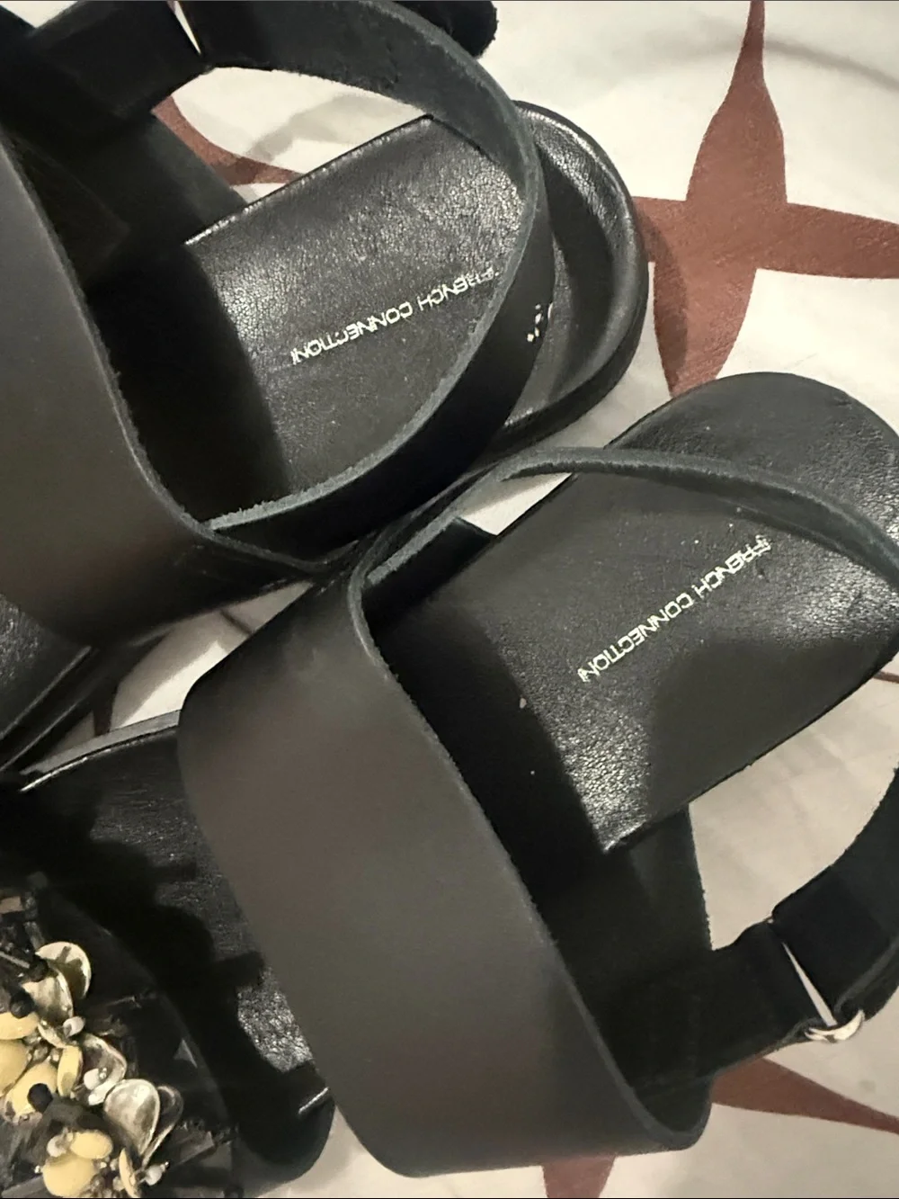 French Connection Black Slide Sandals with Yellow Floral Bead Accents